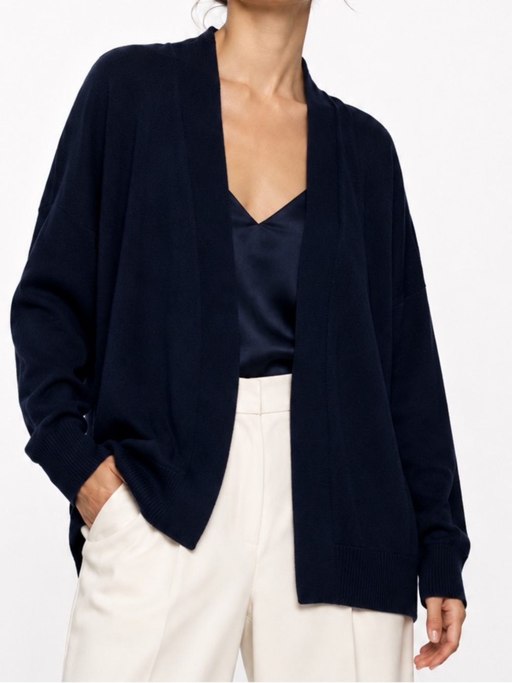 VERVE Open-Front Navy Blue Draped Knit Cardigan
